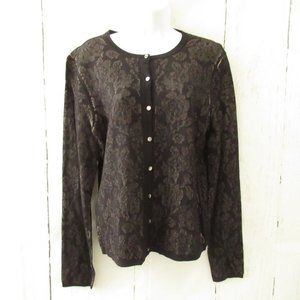 Ann Taylor Cardigan Sweater L Large Black Floral Lace Print Button Up